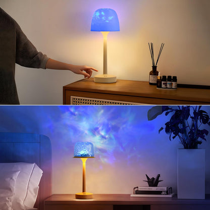 RGB Ocean Wave Projector Table Lamp, USB Rechargeable Cordless Night Light with Remote Control, Dimmable Touch Desk Lamp for Bedroom, Living Room, Kids Room