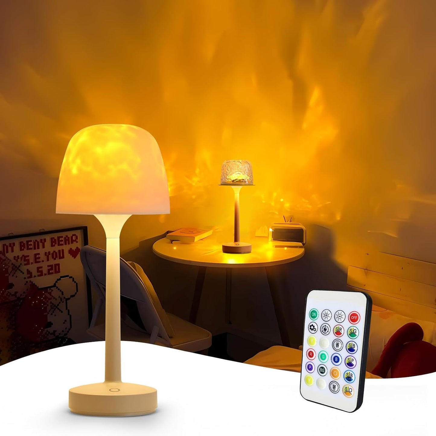 RGB Ocean Wave Projector Table Lamp, USB Rechargeable Cordless Night Light with Remote Control, Dimmable Touch Desk Lamp for Bedroom, Living Room, Kids Room